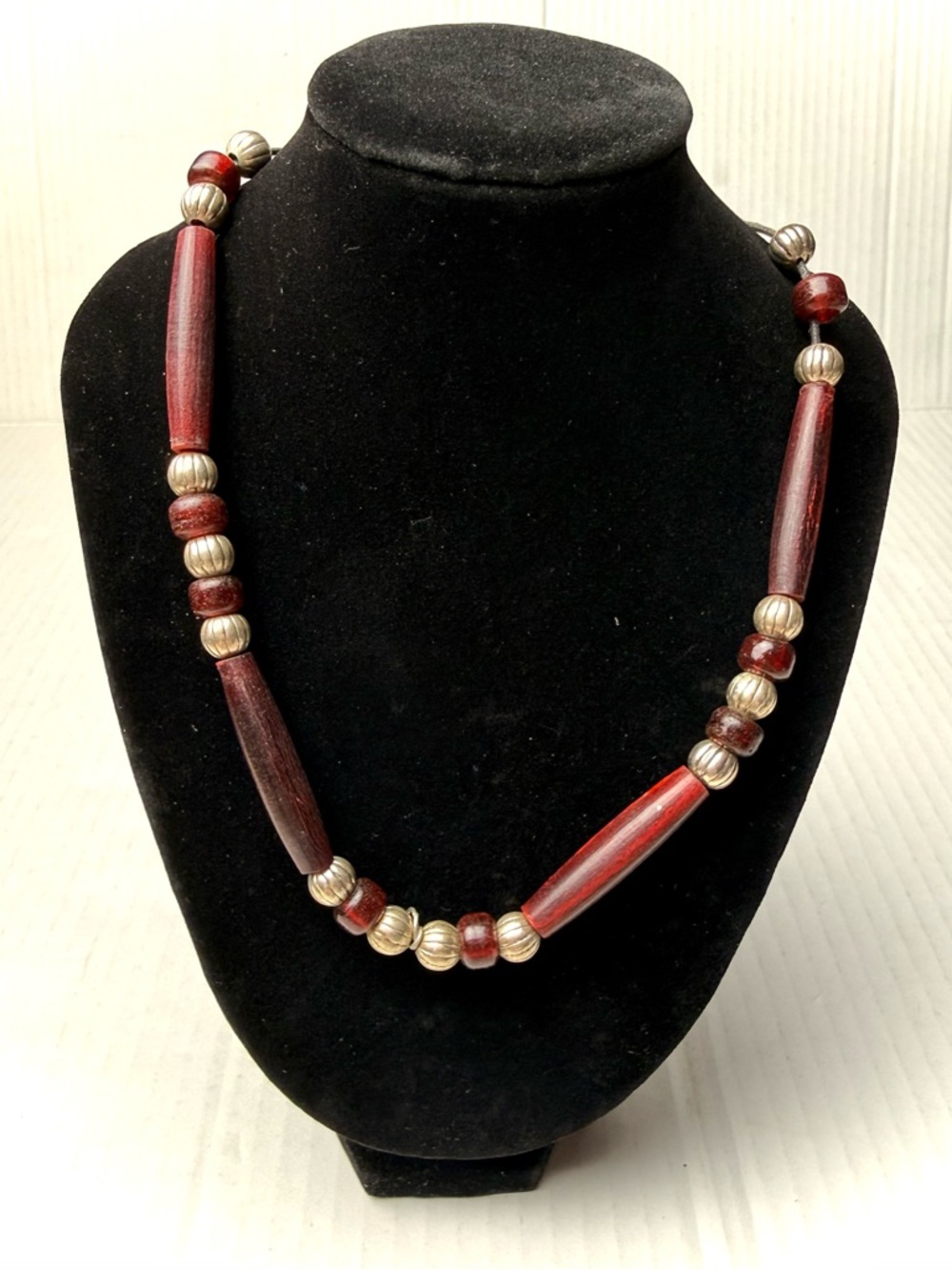 Vintage Wood Silver Tone Beaded Bohemian Boho Necklace Artisan Retro 80s Tribal